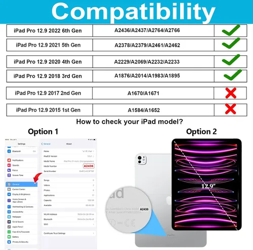 Vista 2 de Funda para iPad Pro de 12.9 2022/2021/2020/2018: Funda para iPad Pro 12.9 6ª/5ª/4ª/3ª generación con protector de pantalla, soporte para lápices