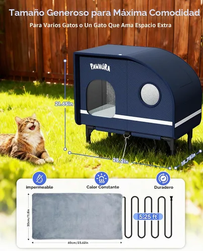 Vista 3 de Casa climatizada para gatos resistente a la intemperie para gatos al aire libre, refugio grueso estilo cámper con almohadilla térmica termostática