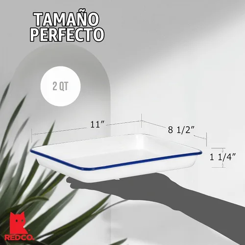 Vista 5 de Red Co. Bandeja de servir rectangular clásica de esmaltería metálica de 2 cuartos de galón, 11 x 9 pulgadas, blanco sólido/borde azul marino