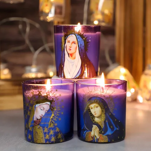 Vista 6 de Juego de 3 velas de soja aromáticas de romero con aroma a romero, velas devocionales de vigilia de larga duración para iglesia católica, hogar