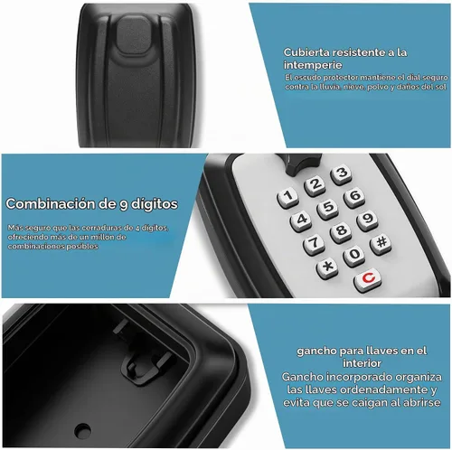 Vista 4 de Caja de bloqueo de llave con código, gran capacidad, combinación de 9 dígitos, montaje en pared, resistente a la intemperie al aire libre, caja