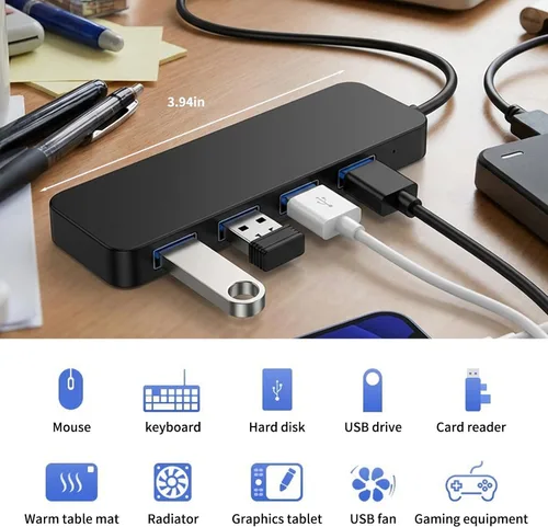 Vista 2 de Concentrador USB 3.0, 4 puertos USB Hub Splitter Expander para laptop/Xbox/Flash Drive/HDD/Consola/Impresora/Cámara/Keyborad/Mouse (no para cargar)