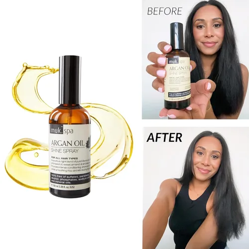 Vista 3 de MUK. Haircare Spa Argan Oil Repair Shine Spray - 3.4 fl oz Heat protection spray with argan oil that helps control frizz, enhances shine, and