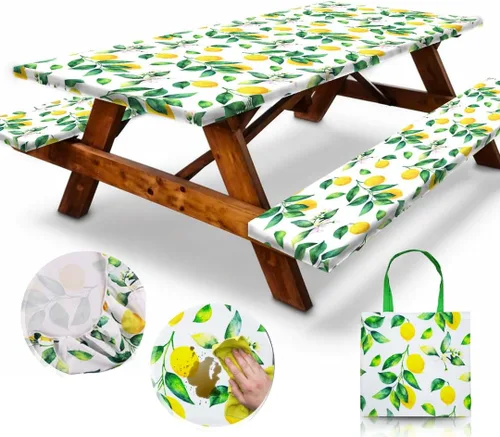 Vista 11 de RNOONY Cubierta de Mesa de Picnic de Vinilo Ajustable con Fundas de Banco y Bolsa, Mantel de 6 pies para Exteriores Impermeable y Resistente al