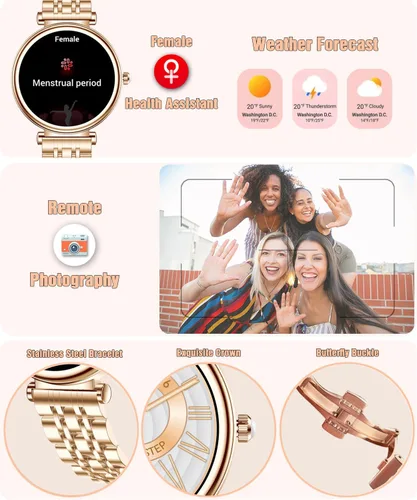 Vista 6 de Reloj para mujer, pantalla AMOLED HD de 1.25 pulgadas, reloj inteligente para mujer, rastreador de actividad física con monitor de frecuencia Dorado