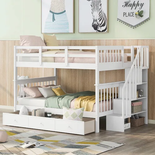 Vista 13 de Literas para niños con escalera, literas de madera maciza con barandilla completa