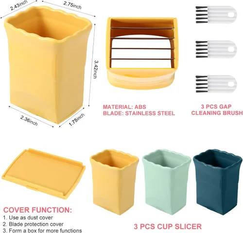 Vista 5 de 3 piezas de cortador de tazas con 3 cepillos de limpieza de huecos de acero inoxidable fresa rebanador de plátano rebanador de frutas cortadoras