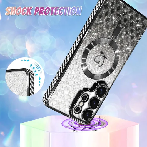 Vista 677 de Bonoma - Funda compatible con Samsung Galaxy S21 Plus, diseño de corazón con purpurina, color rosa Support for MagSafe, Plating Magnetic Case TPU