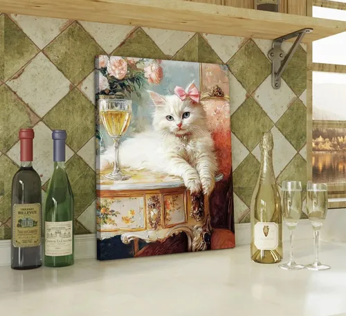Vista 4 de Elegante lienzo vintage para pared, diseño de gato blanco caprichoso, divertido y retro, cuadro de carrito de bar, pintura ecléctica de animales