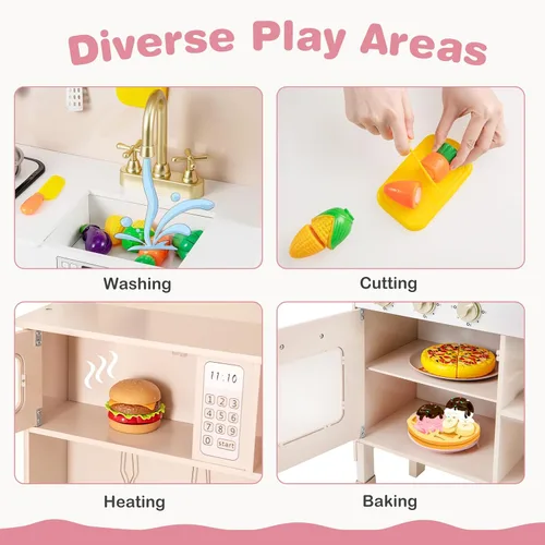 Vista 2 de Costzon Cocina de Juego para Niños, Juego de Cocina Ajustable en Altura con Luces y Sonidos Reales, Microondas, Horno, Estufas, Fregadero y Grifo