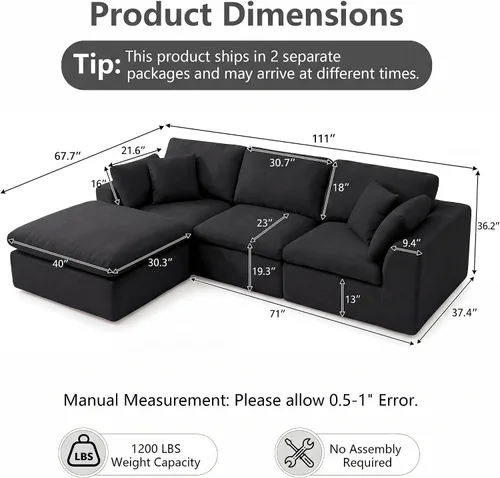 Vista 2 de Sofás seccionales de nube deshuesada de 110 pulgadas para sala de estar, sofá modular en forma de L con otomana, moderno y cómodo sofá nube con Negro