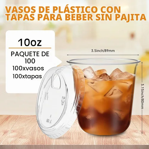 Vista 3 de Baderke 100 vasos de plástico con tapas para sorber, fondo redondo, vasos de café de plástico desechables con tapas, tazas de cristal transparentes