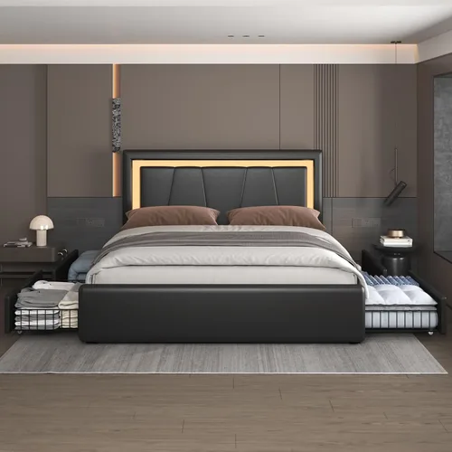 Vista 9 de Benevika Estructura de cama completa con 4 cajones de almacenamiento y cabecera ajustable, cama de plataforma tapizada con luces LED y puertos USB