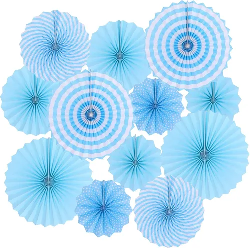 Vista 14 de LRCXL Juego de 12 abanicos de papel para colgar en fiestas, guirnaldas de papel con patrón redondo, suministros de fiesta para Año Nuevo, baby