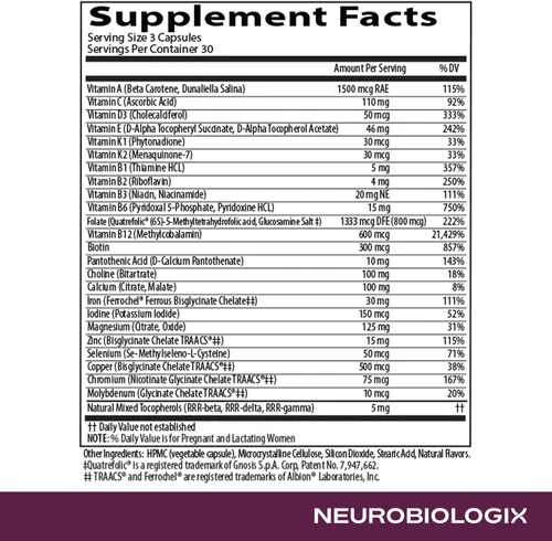 Vista 4 de Neurobiologix Multivitamínico prenatal evolucionado prenatal completo para mujeres, folato metilado, hierro, colina, vitaminas metil B, absorción