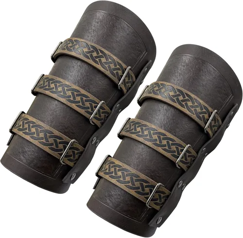 Vista 2 de HiiFeuer Brazaletes de cuero sintético medieval vintage, hebilla retro que sujeta los protectores de brazos mercenarios, guanteletes de caballero