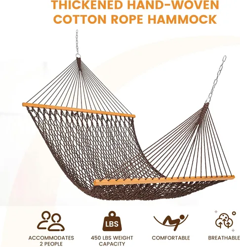 Vista 2 de Lazy Daze Hammocks Hamaca de Cuerda Doble, Hamaca Tradicional de Cuerda de Algodón Tejida a Mano para 2 Personas al Aire Libre con Barra Separadora