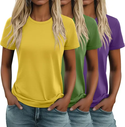 Vista 43 de Huukeay Paquete de 3 camisetas de algodón para mujer, estilo casual, de manga corta, cuello redondo, ajuste holgado, básica, lisa