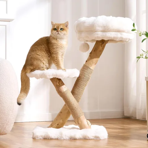 Vista 14 de Árbol para gatos de madera natural para gatos adultos de interior, torre de gatos moderna de 33 pulgadas con cama de felpa súper suave y percha