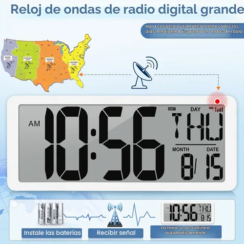 Vista 2 de Reloj Atómico 15" Reloj de Pared Digital Reloj de Pared Atómico Funciona con Pilas Reloj de Alarma Digital Grande con Día, Fecha y Temperatura