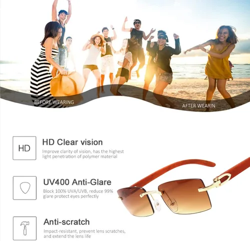 Vista 3 de Dollger Gafas de sol rectangulares sin montura para hombres y mujeres diseño de madera hip-hop pequeñas gafas de sol cuadradas sin marco de los años