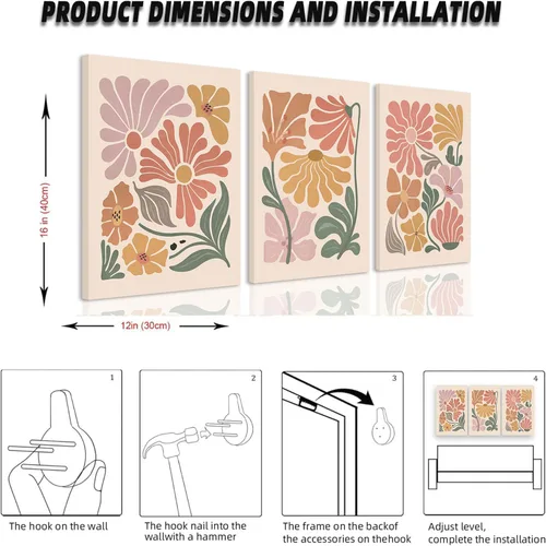 Vista 6 de TBKHUDBI Lienzo de flores bohemias para pared, impresiones florales abstractas, juego de 3 pósteres minimalistas de pintura botánica, mercado