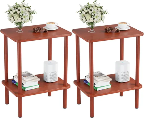 Vista 26 de Apicizon - Mesa auxiliar de 2 niveles, pequeña mesa auxiliar con patas de madera maciza, mesa de noche estilo boho con estante de almacenamiento