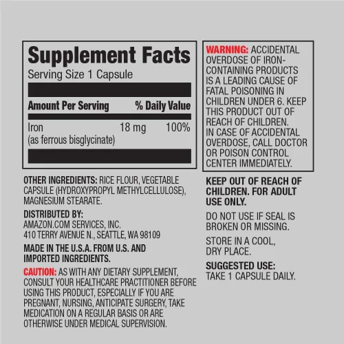 Vista 6 de Amazon Elements Vitamina B12 Metilcobalamina 5000 mcg Pastillas con sabor a bayas y cápsulas Amazon Elements Iron de 18 mg