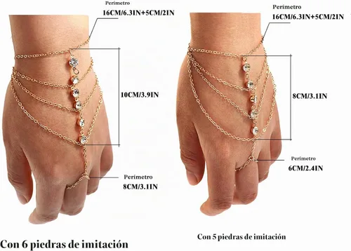 Vista 5 de Suyi Pulsera de anillo de dedo, arnés de mano, pulsera de cadena de diamantes de imitación, regalos para mujeres 2 piezas oro