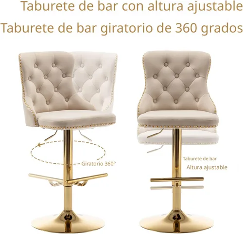 Vista 6 de Riknuxi Juego de 2 taburetes de bar de terciopelo, taburetes de bar de altura de mostrador con borde de botón y cabezas de clavos, taburetes de bar