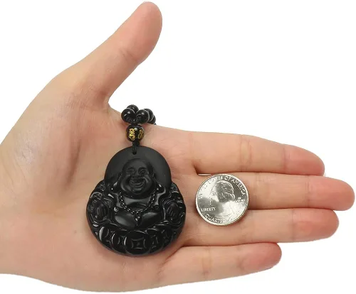 Vista 8 de NAKOBO Collar de obsidiana negra de Buda, Yin Yang, lobo y dragón, amuleto de protección con cadena de cuentas extendida, piedra de cristal
