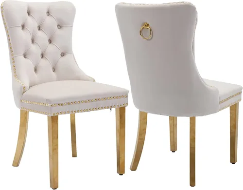 Vista 80 de Juego de 2 sillas de comedor de terciopelo beige, modernas sillas de cocina tapizadas