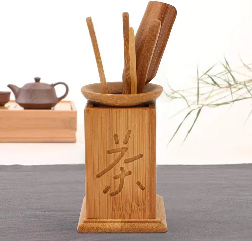 Vista 2 de Juego de té chino de gongfu, juego de trompeta de ceremonia de té de seis piezas, herramientas de servicio de té con aguja de té, cuchara, clip