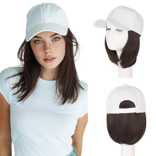 Vista 13 de S-noilite Peluca de gorra de béisbol de 6 pulgadas con peinado Bob y extensiones de cabello, gorra de béisbol recta ajustable para mujer