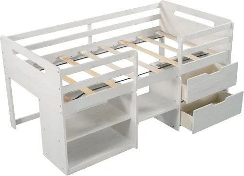 Vista 6 de Cama tipo loft baja individual con dos estantes de almacenamiento, dos cajones, barandilla de longitud completa, marco de cama tipo loft de madera