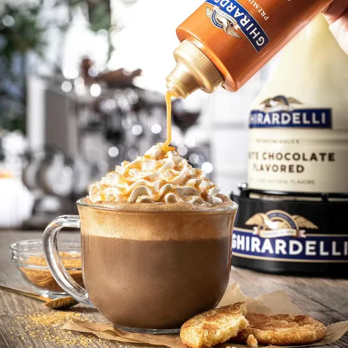 Vista 9 de Ghirardelli Salsa de caramelo, botella exprimible de 16 onzas con cuchara de barista estampada Ghirardelli