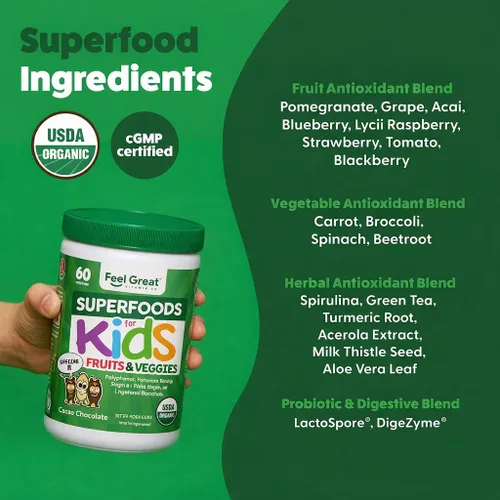 Vista 5 de Feel Great USDA Organic Super Greens para niños Polvo de verduras de chocolate vegano con polvo vegetal para niños Polvo de superalimentos