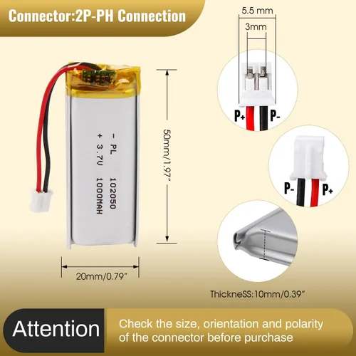 Vista 2 de Batería LiPo de 3.7V 1000mAh 102050, batería recargable de polímero de litio con conector y cable JST PH2.0.000 in, reemplazo para altavoz