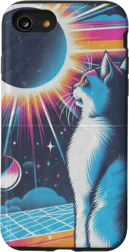 Vista 13 de iPhone 15 Cat Solar Eclipse - Synthwave Retro Poster Style Case