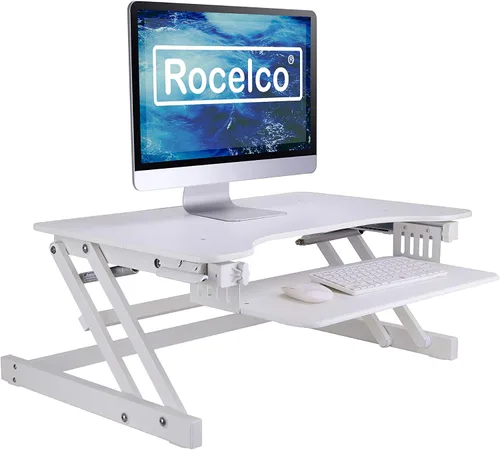 Vista 24 de Rocelco - Convertidor de escritorio para trabajar de pie con altura ajustable de 32 pulgadas - Bandeja retráctil deslizable - Elevador de monitor