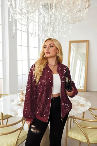 Vista 3 de IN'VOLAND Chaqueta de lentejuelas para mujer, talla grande, chaqueta de manga larga brillante con cremallera frontal, holgada, casual, chaqueta