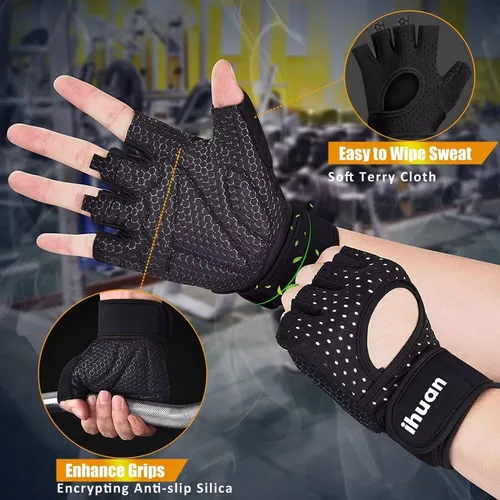 Vista 5 de ihuan Guantes transpirables para levantamiento de pesas: soporte de muñeca para ejercicio sin dedos Mejora la protección de la palma Agarre