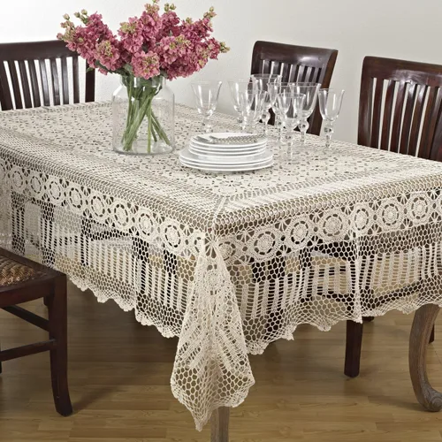 Vista 8 de Fennco Styles Cluny Collection Mantel de algodón con encaje de ganchillo hecho a mano, cuadrado de 30 pulgadas, mantel color crudo para bodas