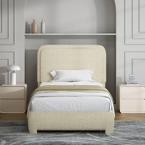 Vista 3 de Base de cama individual, cabecera Cloud Boucle, esquinas redondeadas, color beige