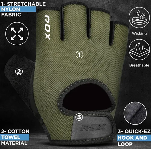 Vista 2 de Guantes de levantamiento de pesas RDX para gimnasio, fitness y entrenamiento, protección antideslizante de la palma, medio dedo, guantes