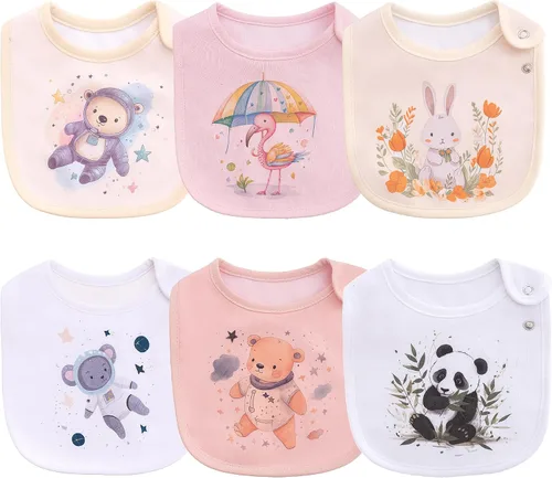Vista 12 de Maiwa - 6 paquetes de baberos impermeables de algodón para bebés, niñas y niños, con broches para babeo y alimentación Multi0601