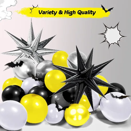 Vista 5 de Kit de arco de guirnalda de 133 piezas de globos negros, amarillos y plateados, arco de globos con tema de murciélago para hombre con globos