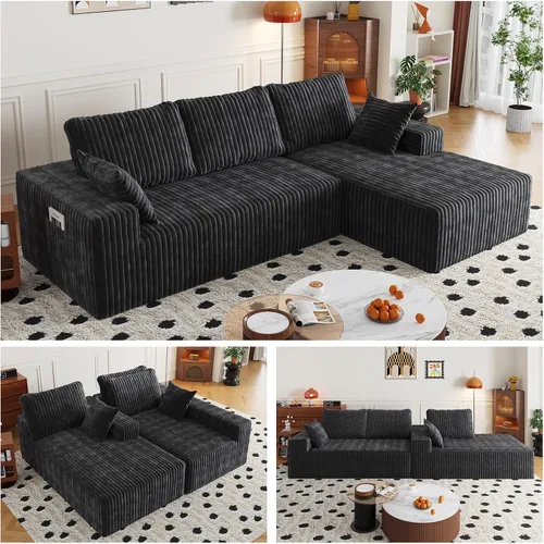 Vista 22 de Sofá seccional en forma de U de 108 pulgadas con otomana, sofá seccional modular de pana con asiento profundo, sofá modular moderno en forma de L