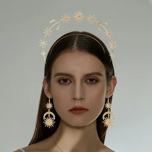 Vista 6 de Halo Crown - Stars Crystal Goddess HeadBand with Earrings Mary Metal Halo Headpiece Celestial Crowns Tiaras for Women Bridal Wedding Costume Cosplay