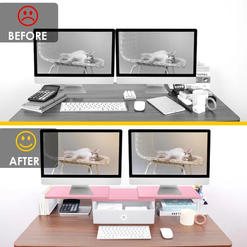 Vista 5 de Soporte elevador de monitor doble con cajón y pata de metal, estante de escritorio grande para 2 monitores con longitud y ángulo ajustables